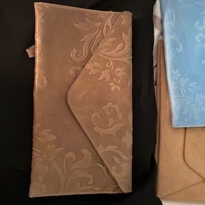Light brown tan beige floral leather clutch